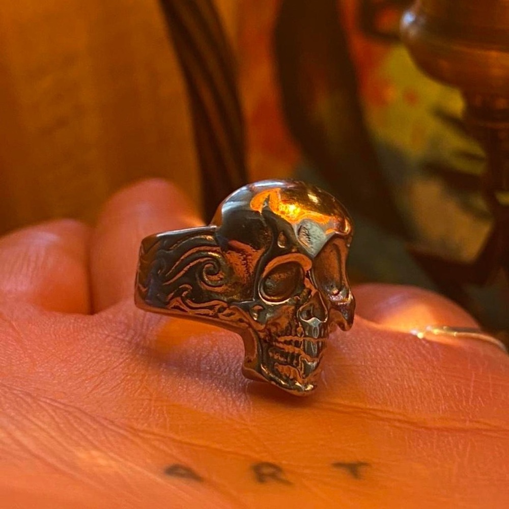 Sold out solid stainless steel Hallucinogenic Skull ring by Hard Jewelry. Size 7
